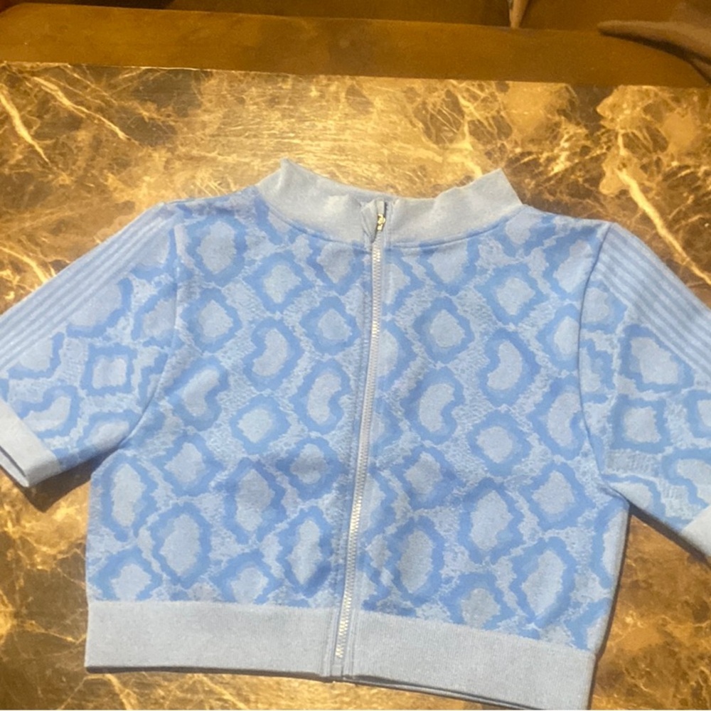OQQ Crop Short Zip blue Jacquard Knit Top Medium NWOT